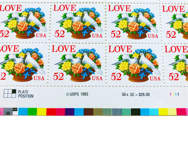 VINTAGE POSTAGE STAMP SHEET Love Series 52 Cent MNH Sheet of 50 Scott #2815