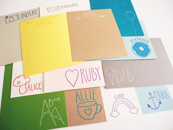 Hand lettered name stamp with drawing