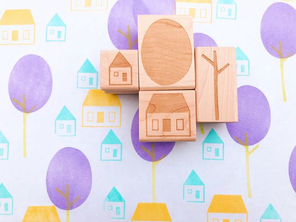 town rubber stamp set includes 1 tree stamp + 2 house stamps.