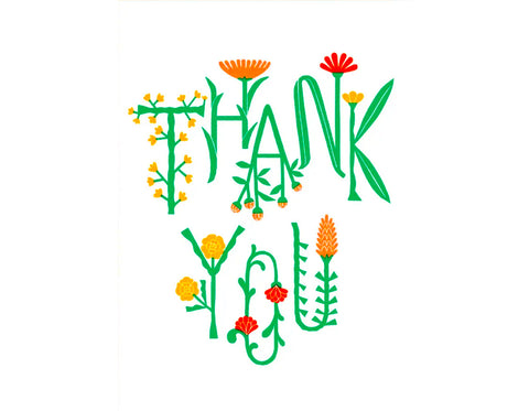 vine text spelling out thank you with floral decorations