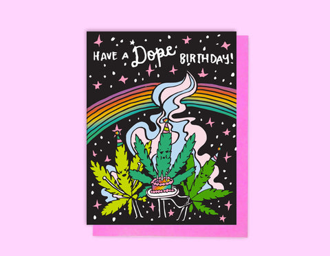 black background with rainbow and weed leaves text reads have a dope birthday