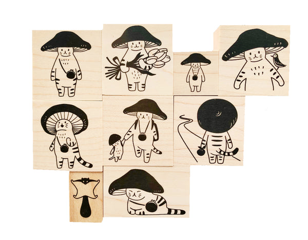 Mushroom Cat is a cat with a Toadstool hat. We offer 9 rubber stamps, 1 postcard and 1 stationery sheet design from this Japanese line.