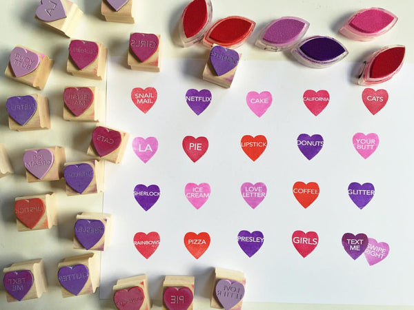 cute heart shaped rubber stamps with words in them.