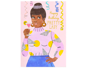 woman wearing a purple sweater and blue skirt, holding pink cocktail and toasting - happy birthday pretty lady