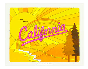 CALIFORNIA SUNSET IN ORANGE AND YELLOW WITH TREES AND THE COASTLINE TEXT READS CALIFORNIA IN HOT PINK