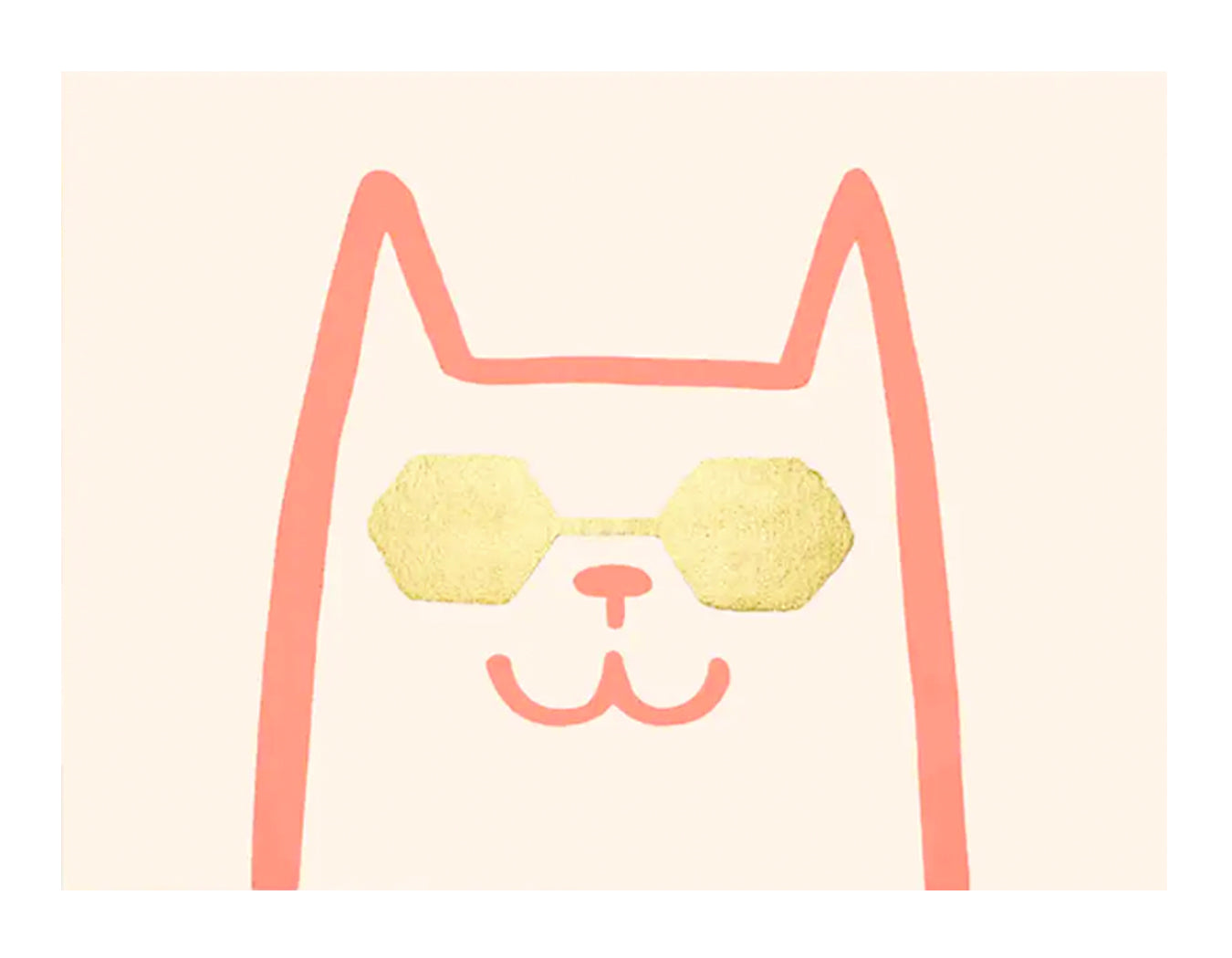 pink outline of cat with gold foil sunglasses. light pink card