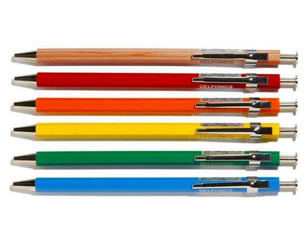 delfonics pens come in a wide variety of barrel colors, all the pens write in black ink.