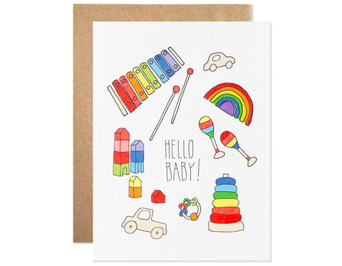 classic baby toy illustrations with the text hello baby!