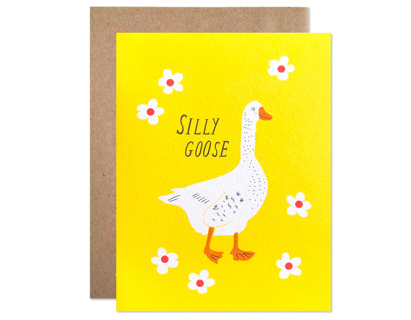 yellow background with flowers and a goose. text reads silly goose