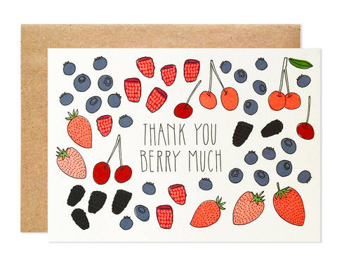 blueberries raspberries strawberries blackberries and cherry illustrations text reads thank you berry much