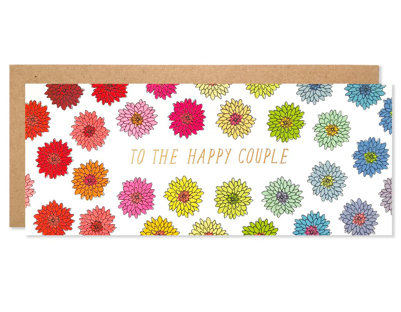 multiple colors of the same flower surround text that reads to the happy couple in gold foil