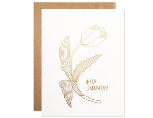 gold foil tulip  text that reads with sympathy