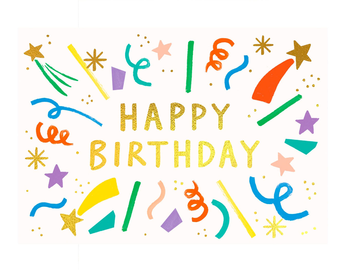 cream colored background with bright bursts of confetti and spirals text reads happy birthday in gold