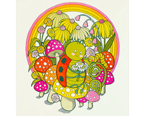 art print featuring rainbow flowers and a ladybug sitting on a mushroom with a caterpillar