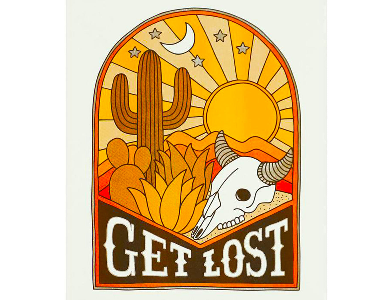 text reads get lost features illustration of cactus sunset stars moon and skull. desert colors.