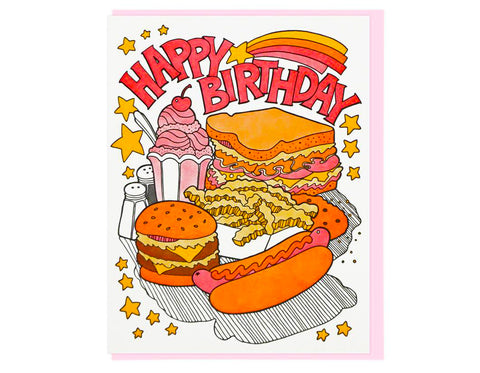 happy birthday card with milkshake, sandwich, french fries, hamburger, hot dog and salt and pepper shakers