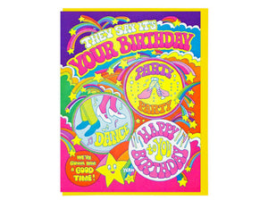 TECHNICOLOR birthday card with retro illustrations dancing cheers champagne flutes and vintage inspired text. reads they say it's your birthday we're gonna have a good time! yeah happy birthday to you. party party dance