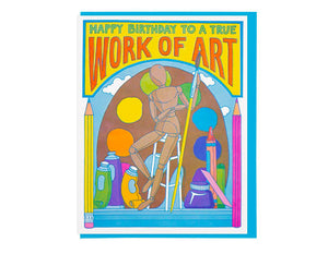 text reads happy birthday to a true work of art features art supply illustrations.