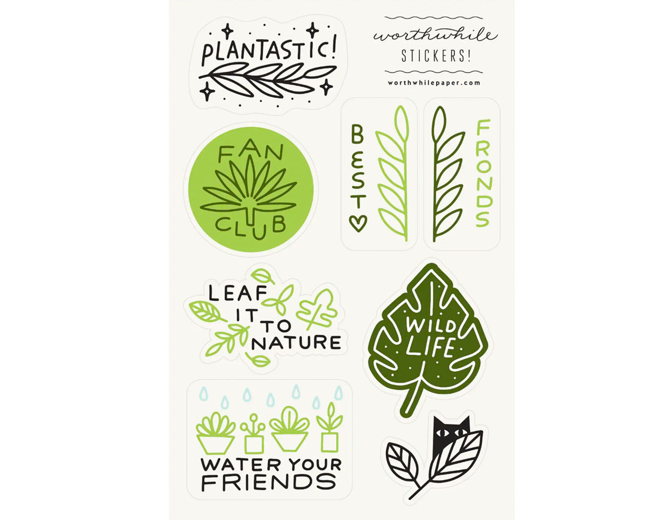 plant sticker sheet- plantastic! best fronds, fan club, leaf it to nature, wild life, water your friends, leaf and hiding cat