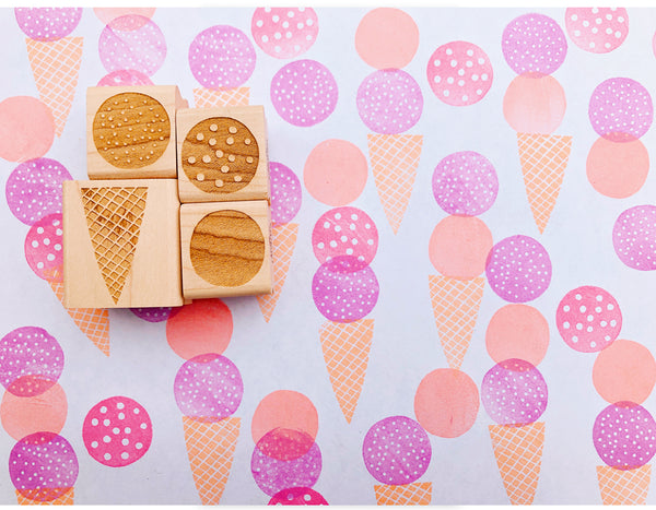 ice cream cone rubber stamp set contains 3 ice cream scoop stamps + 1 ice cream cone stamp.