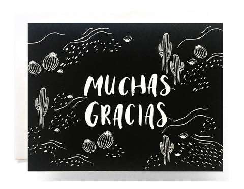 black background with cactus illustrations text reads muchas gracias