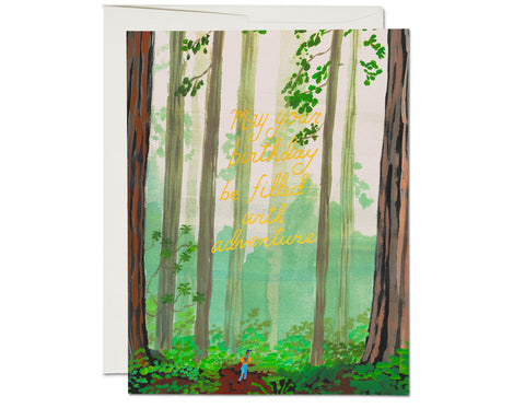 a wooded scene with tall trees and mossy forest floor. gold foil text reads may your birthday be filled with adventure
