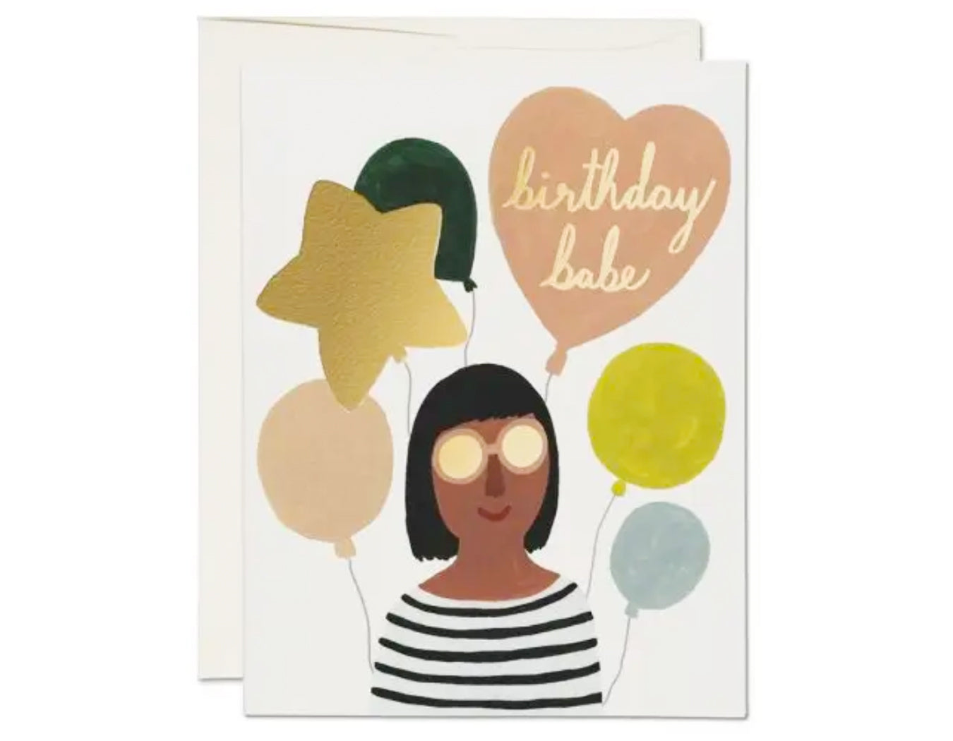 woman with short black hair and bangs and ballons. heart shaped balloon says birthday babe in cursive.