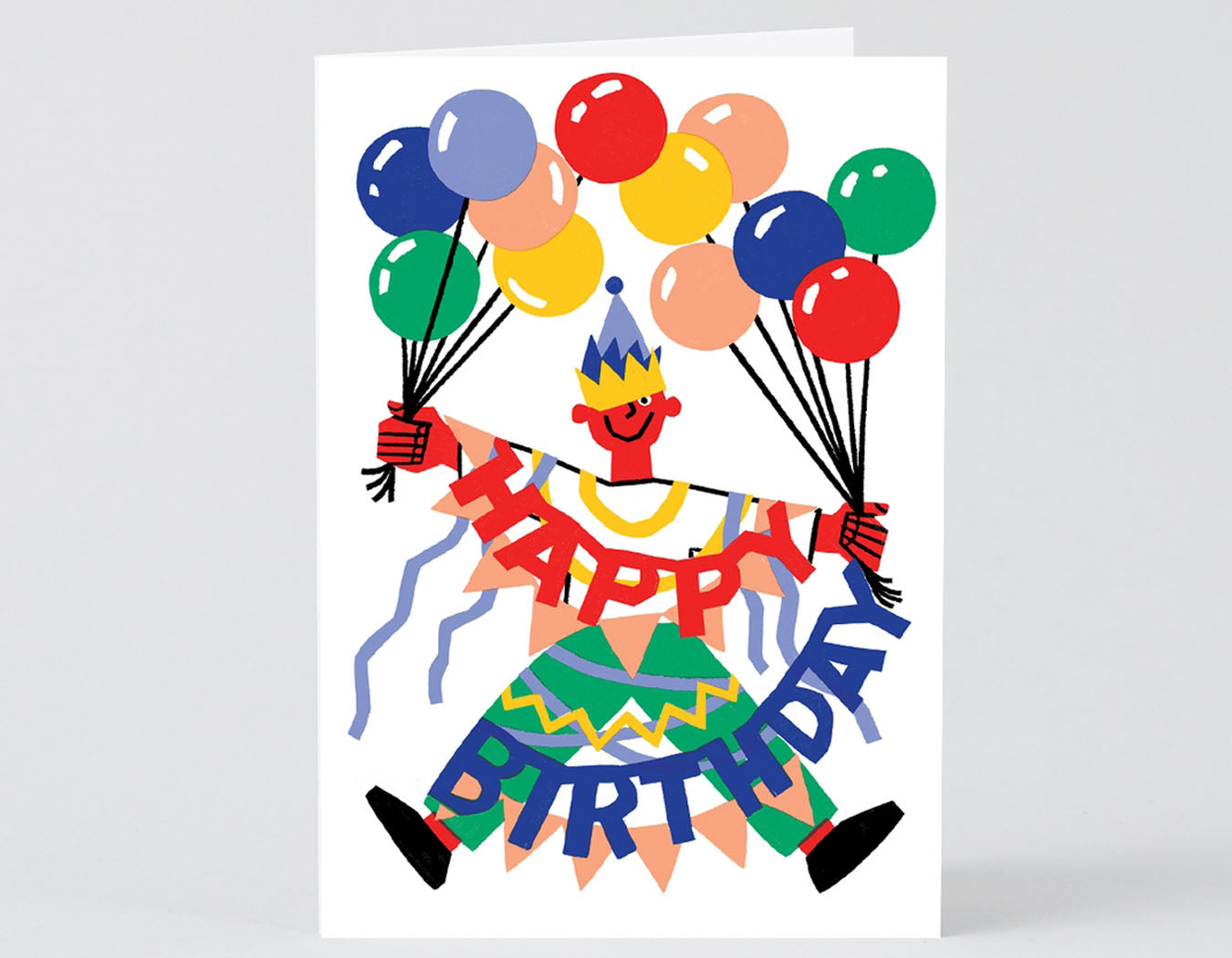 illustrated man with crown party hat holding multiple balloons and a banner that spells out happy birthday