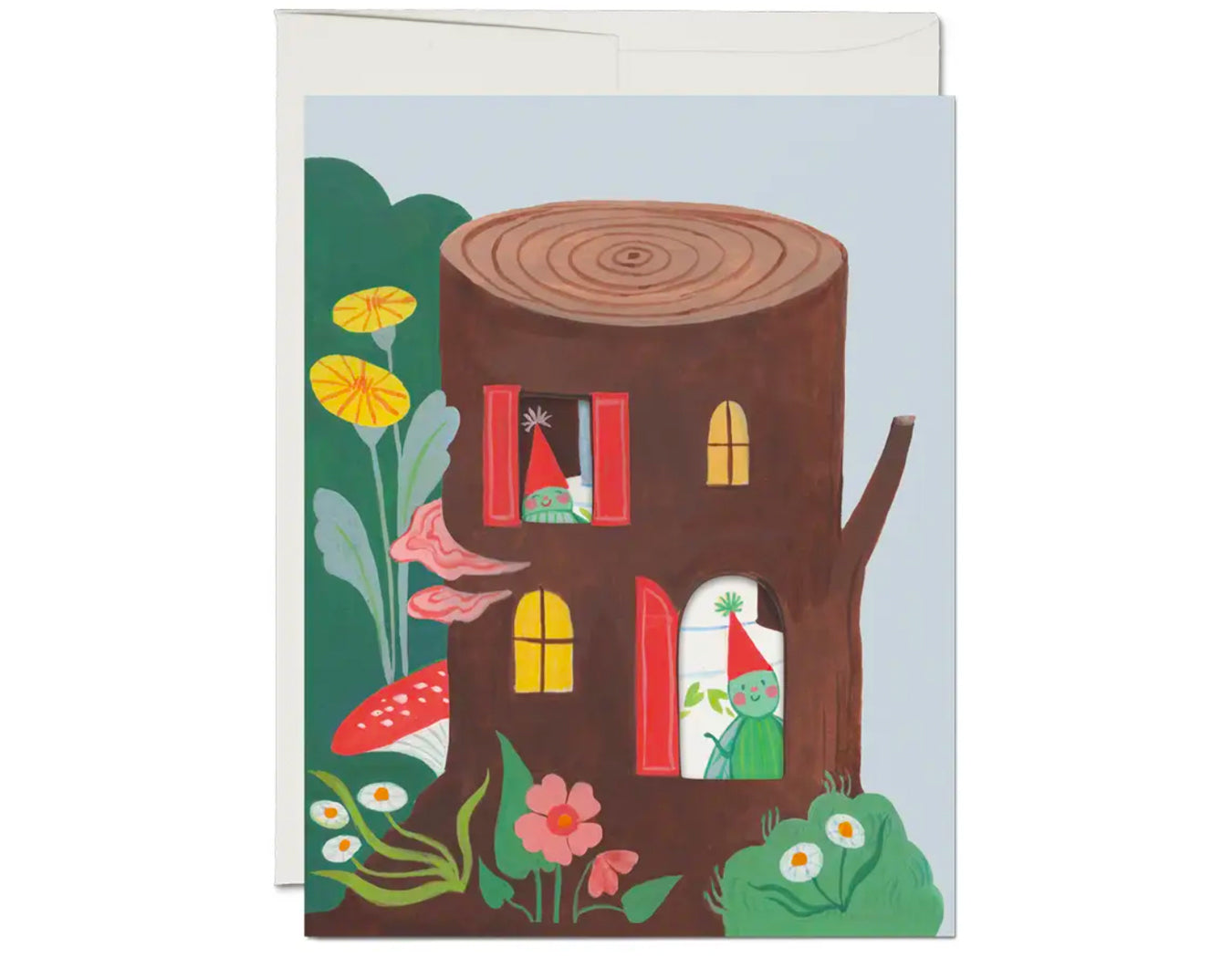 die cut birthday card featuring illustrated log, plants, and bugs