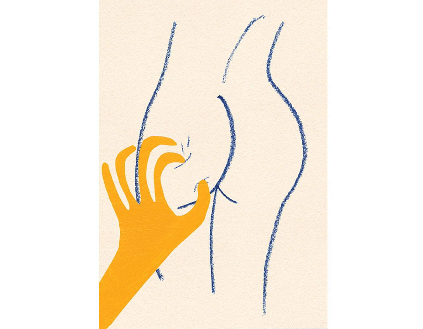 cream colored background drawn butt with yellow hand pinching it