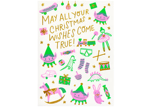 doodles of children's toys text reads may all your christmas wishes come true! neon ink ink pink and green and gold foil 