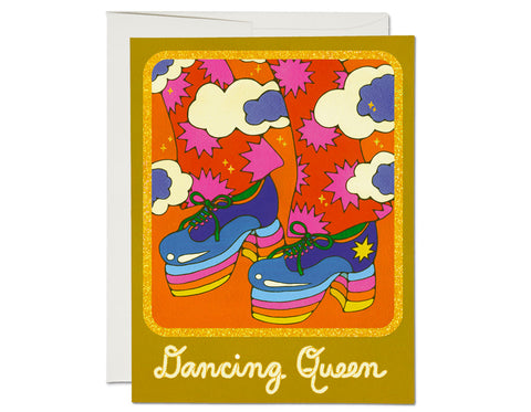 split pea green background colorful 70s style platform shoes and bell bottoms text reads dancing queen