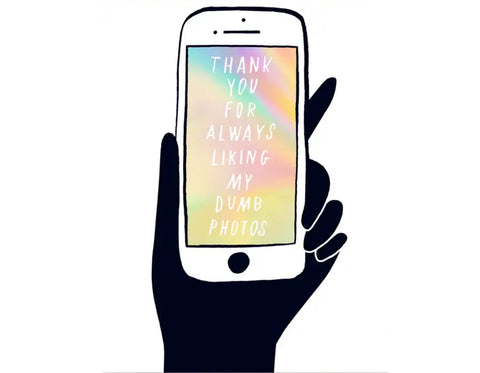 holographic phone screen, black hand holding phone, phone reads thank you for always liking my dumb photos