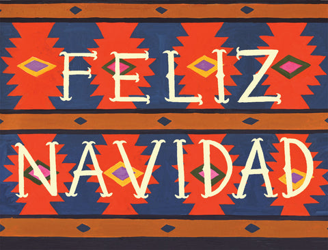features illustration of colorful blanket with text that reads feliz navidad