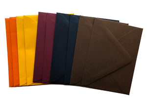 a set of 10 envelopes in fall colors- orange, yellow, burgundy, navy, and brown