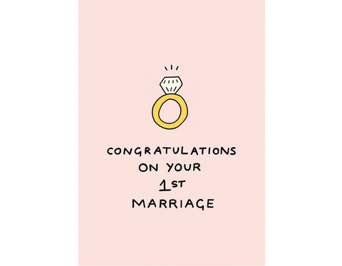 pale pink background with illustration of diamond engagement ring text reads congratulations on your 1st marriage