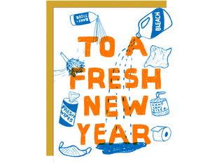 bleach and sanitizer surround the text to a fresh new year.