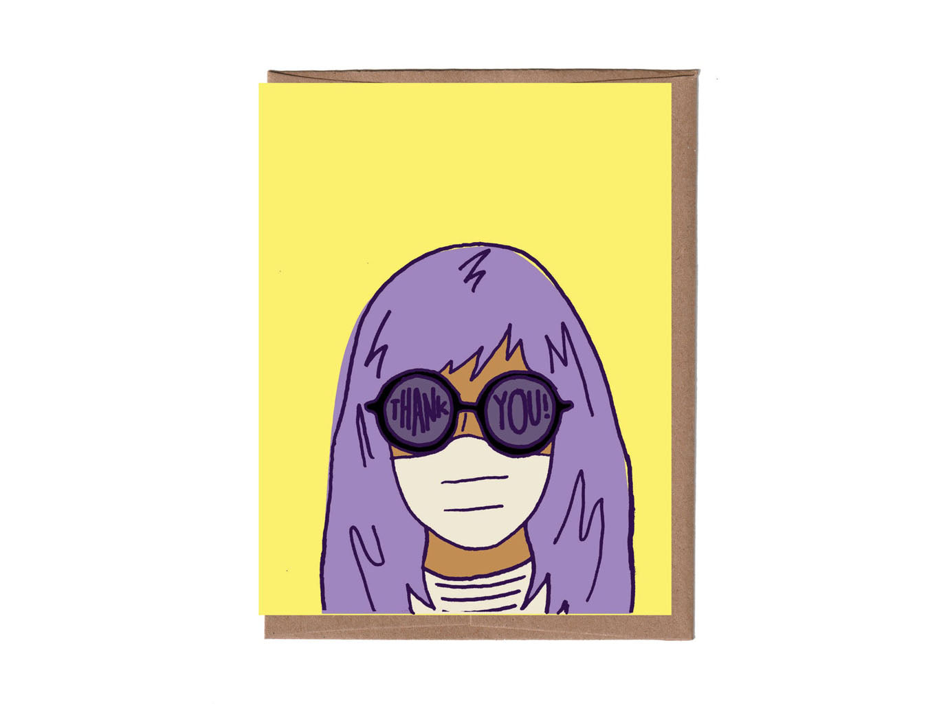 yellow background woman with purple hair, fogged up glasses read thank you! she's wearing a white mask. 