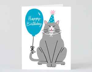 white background gray cat with party hat balloon tied to tail balloon reads happy birthday