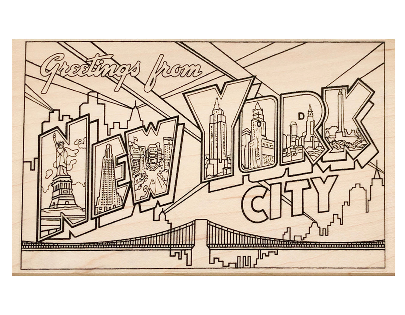 Graphic rubber stamp depicting classic New York City Postcard scene.