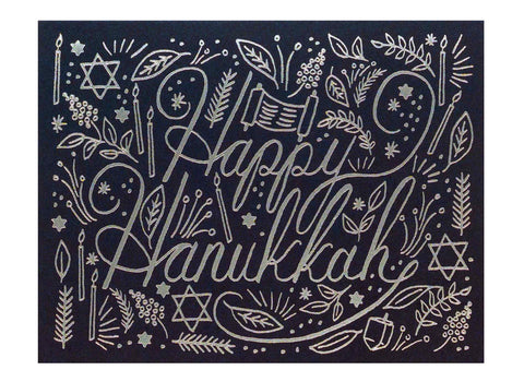navy background silver foil printed text reads happy hanukkah