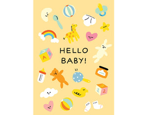 yellow background with baby toys illustrated text reads hello baby!