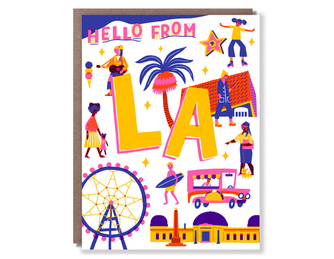 colorful illustrations of los angeles activities.  text reads hello from la