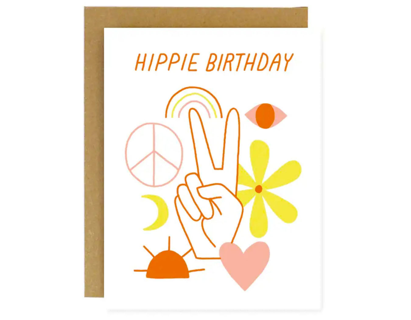 white background orange text hippie birthday peace sign rainbow eye daisy flower, heart, hand peace sign, crescent moon