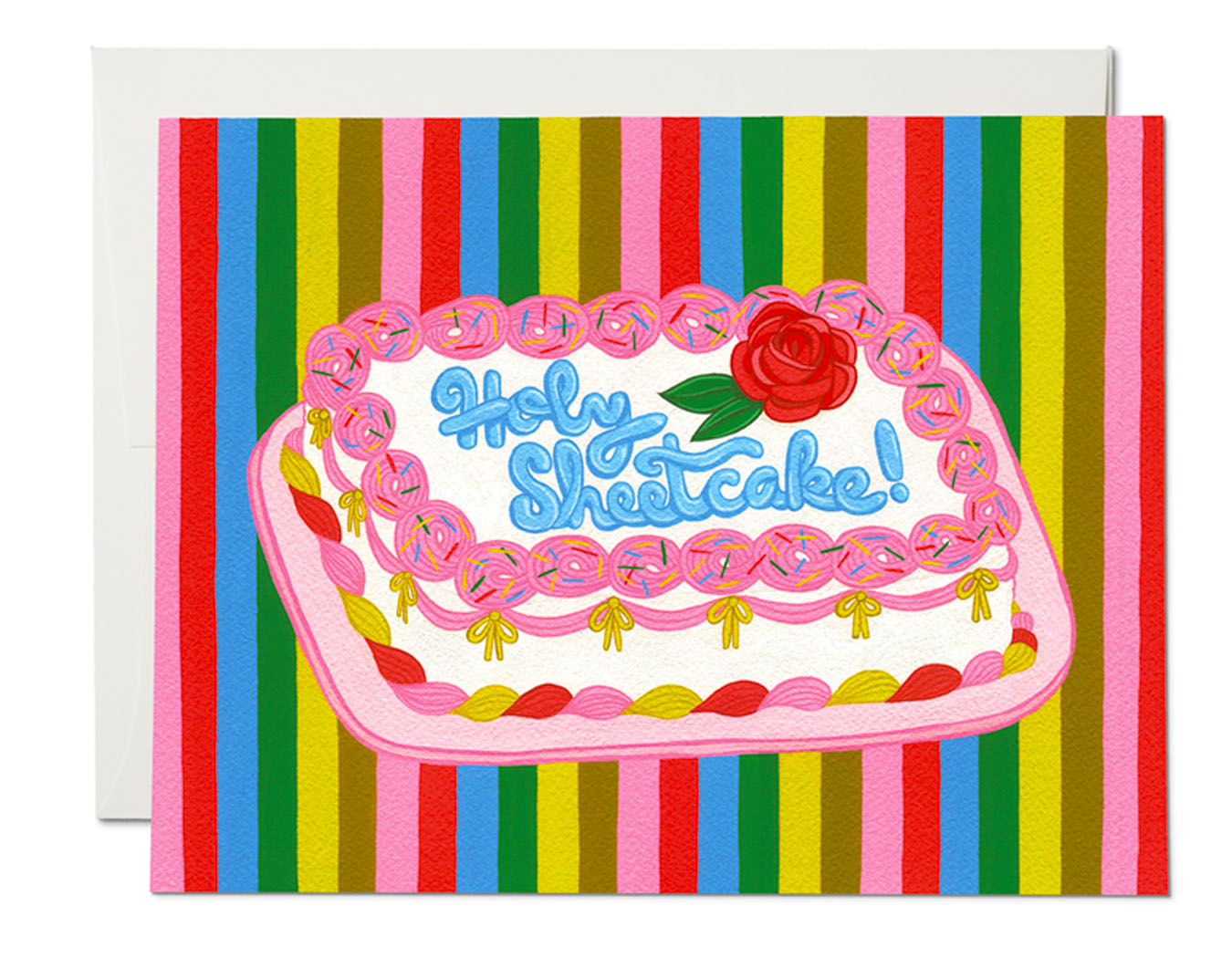 multicolor striped background cute sheet cake with frosting that spells out holy sheetcake!