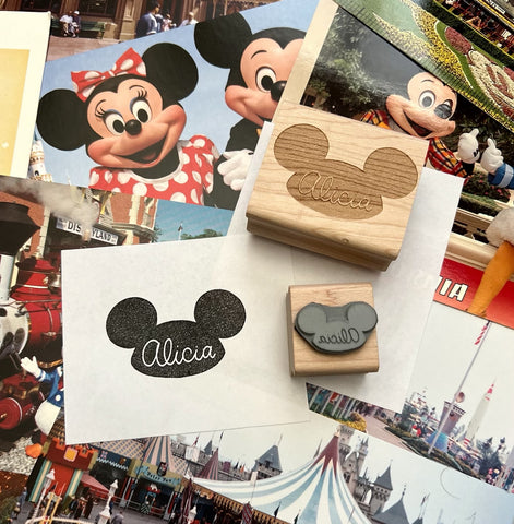 custom Rubber Stamp of a mouse ears hat available with cursive name or blank.