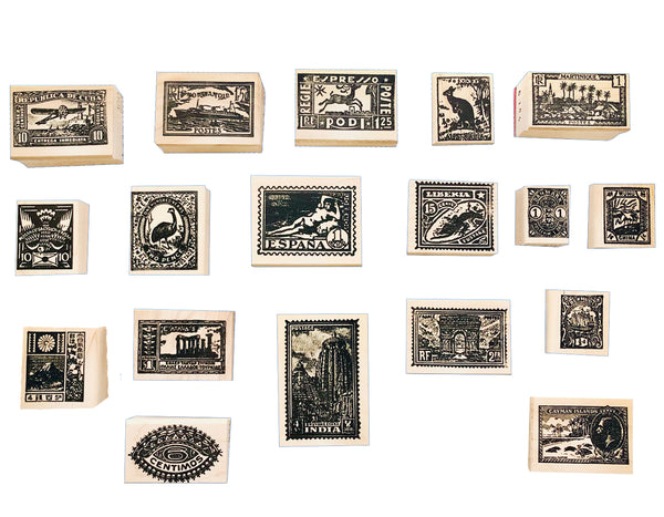 A group of rubber stamps inspired by vintage postage stamps from all over the world.