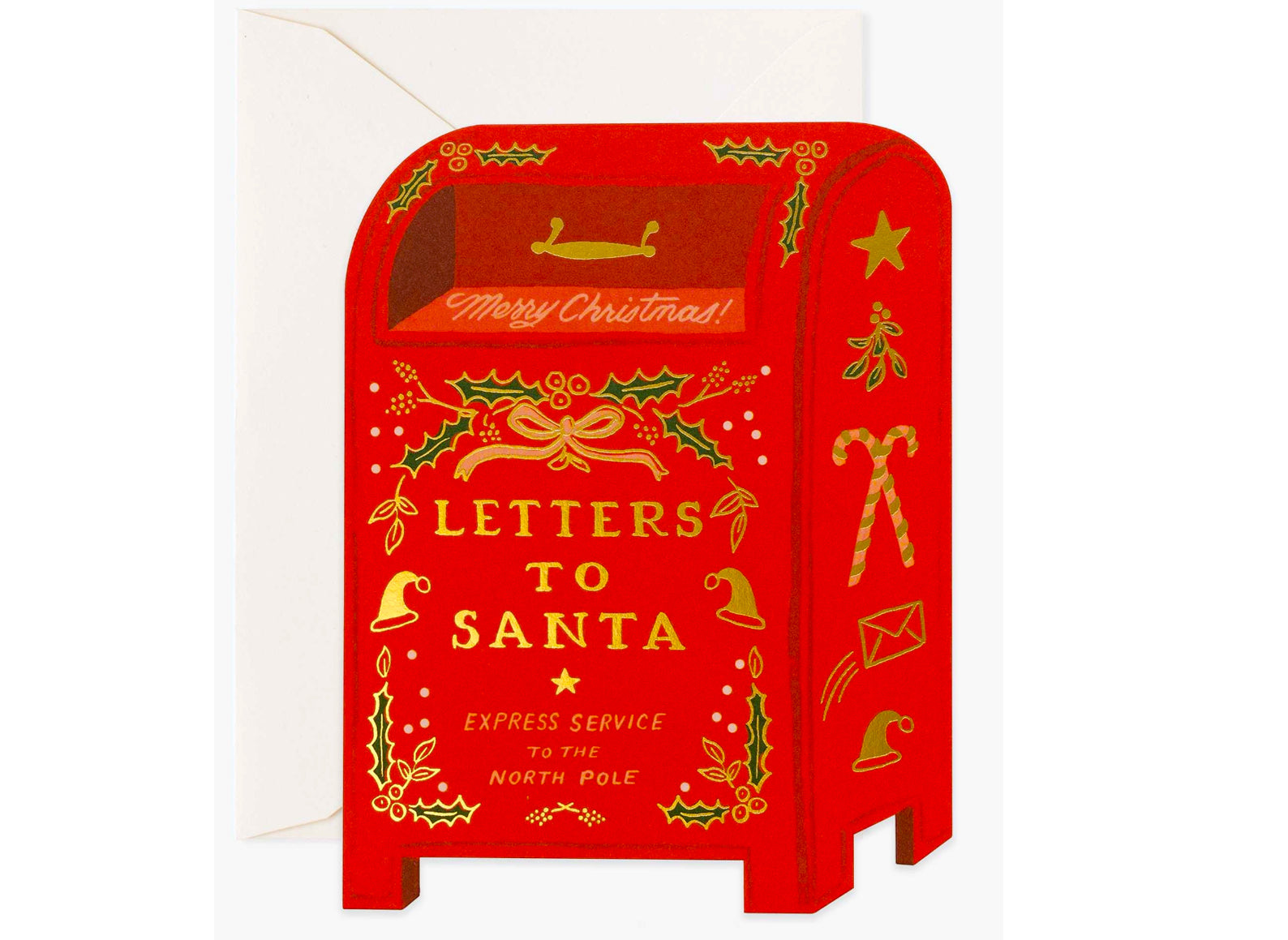 red die cut mailbox card, reads merry christmas! letters to santa. express service to the north pole
