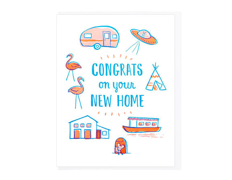 AIRSTREAM TRAILER, UFO, TEEPEE, HOUSE BOAT, MOUSE HOUSE, SINGLE LEVEL HOME, LAWN FLAMINGOS SURROUND THE TEXT CONGRATS ON YOUR NEW HOME