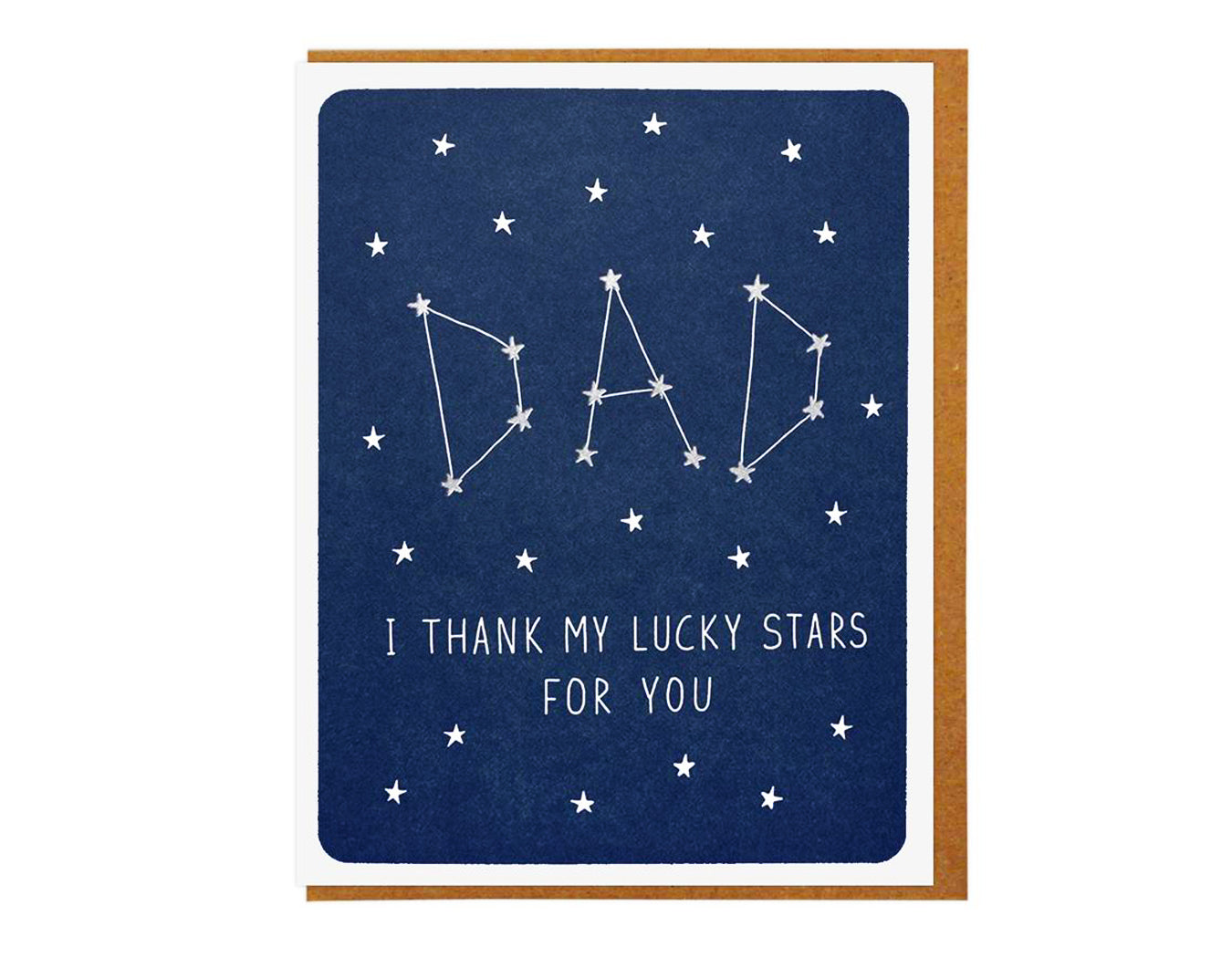 DARK BLUE BACKGROUND WITH STARS THAT SPELL DAD LIKE A CONSTELLATION AND TEXT READS DAD I THANK MY LUCKY STARS FOR YOU